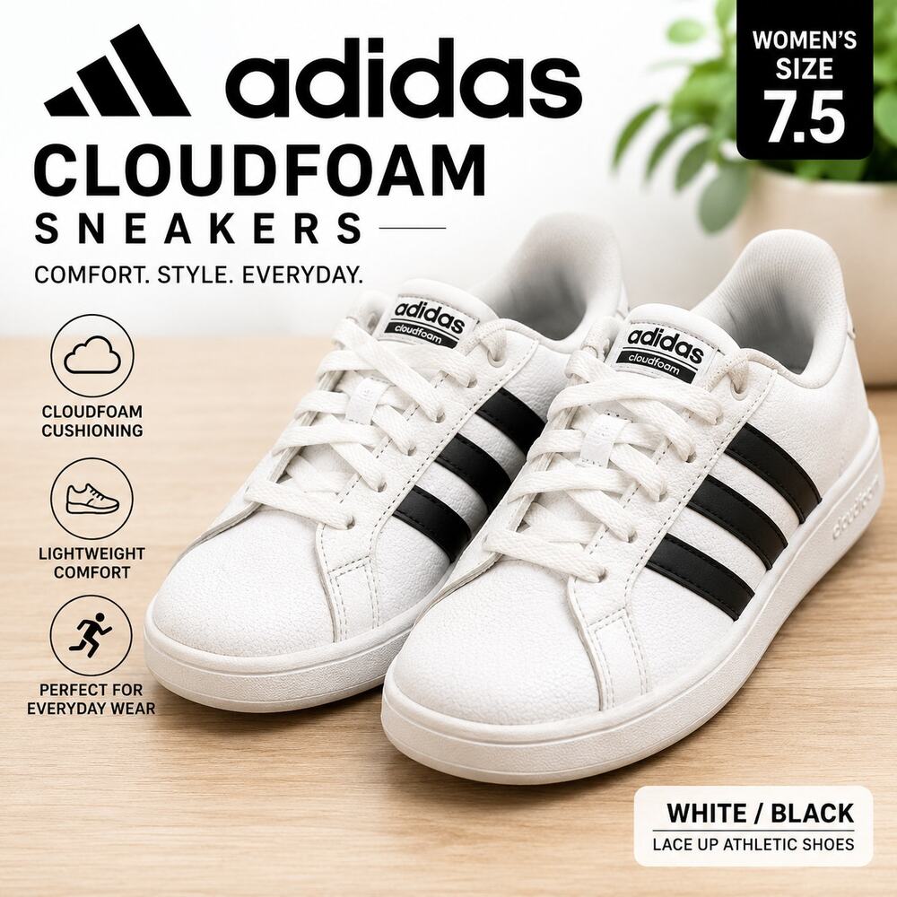 Adidas Cloudfoam Sneakers White Black Lace Up Athletic Shoes Size 7.5